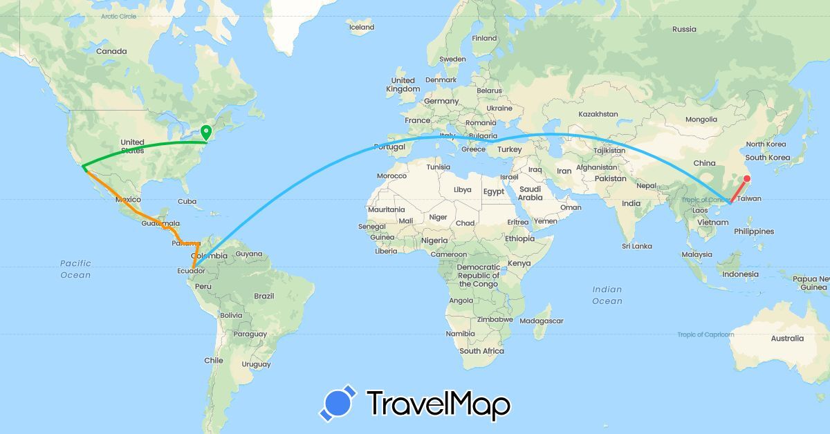 TravelMap itinerary: driving, bus, hiking, boat, hitchhiking in China, Colombia, Costa Rica, Ecuador, Guatemala, Honduras, Mexico, Nicaragua, Panama, El Salvador, Turkey, United States (Asia, North America, South America)